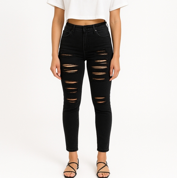 Agolde Denim - AGOLDE Sz 25 Black High Rise Skinny Jeans Ripped Stretch Denim Distressed Grunge